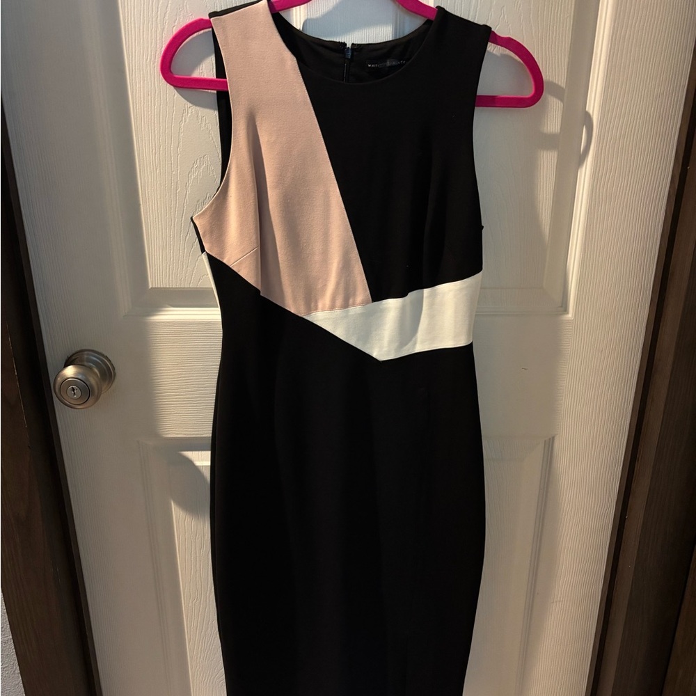 White House Black Market Black and Cream Geometric Midi Dress